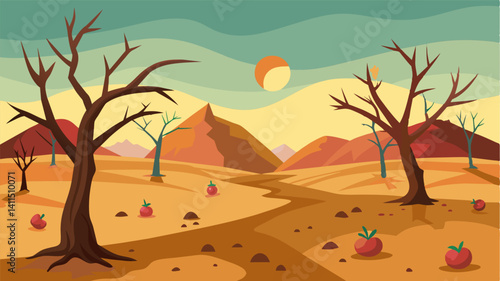 The barren landscape seemed like a harsh punishment for the once prosperous orchard as if nature itself had turned its back on the land and its inhabitants.. Vector illustration