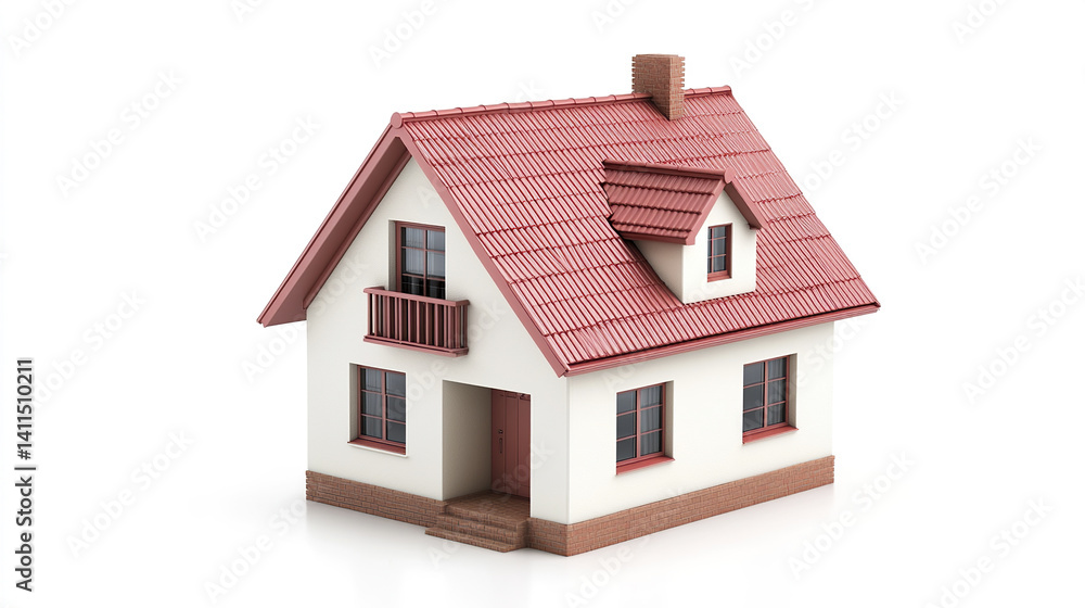 Small house model with red roof and white walls on white background Small house model with red roof and white walls on white background