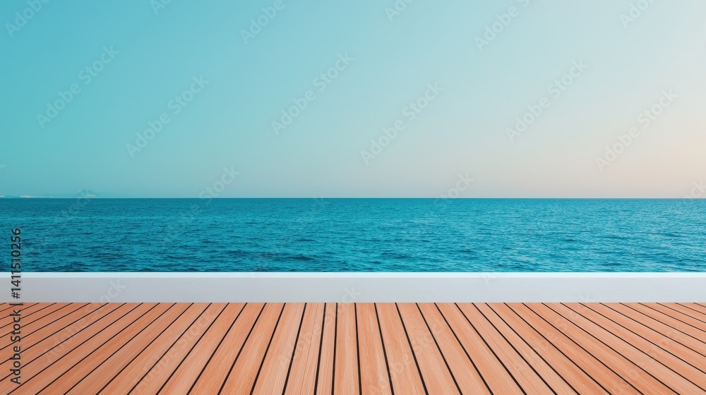 Fototapeta premium Serene Ocean View from a Wooden Deck with Clear Blue Sky and Calm Waters for Tranquil Imagery