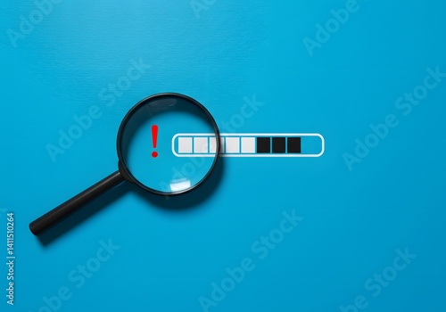 Identifying malfunctions, stopping critical problems in processes. Magnifying glass with warning sign on progress bar, Find problem stop or malfunction. Detecting issues, troubleshooting errors.	