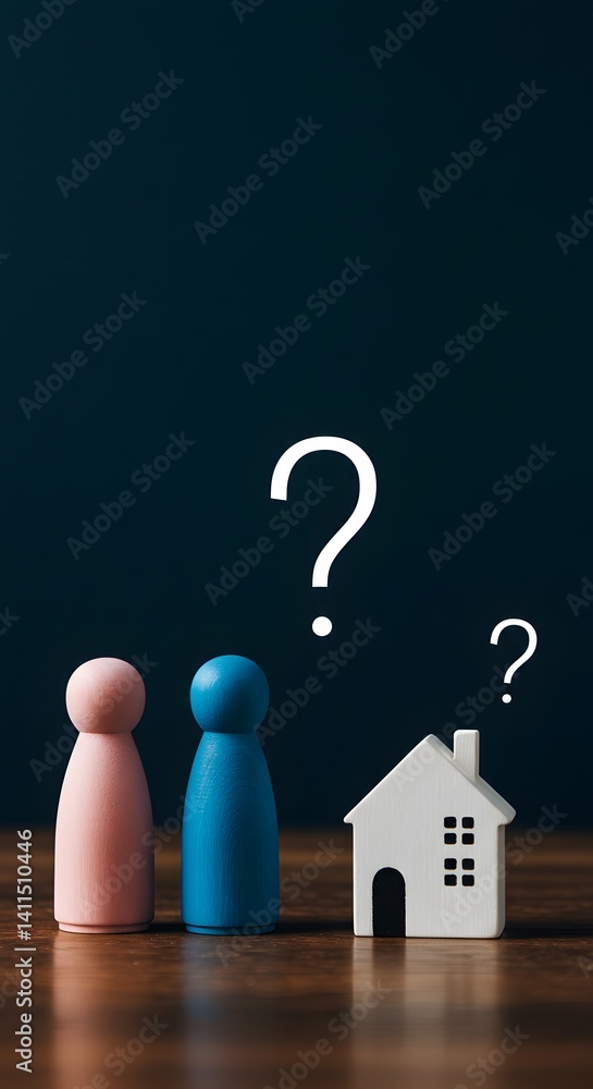 Property acquired separately before marriage.wooden figurines, Shared housing. Purchase or rent. Division of property in divorce, blue and pink figures, Housing issues for couples and young families.