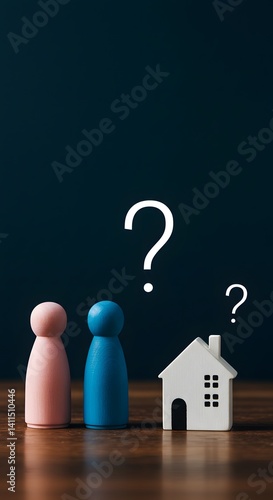 Obraz na płótnie Property acquired separately before marriage.wooden figurines, Shared housing. Purchase or rent. Division of property in divorce, blue and pink figures, Housing issues for couples and young families. w salonie