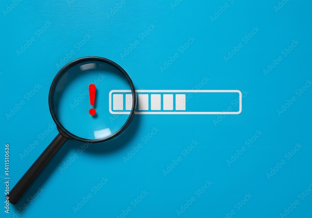 Identifying malfunctions, stopping critical problems in processes. Magnifying glass with warning sign on progress bar, Find problem stop or malfunction. Detecting issues, troubleshooting errors.