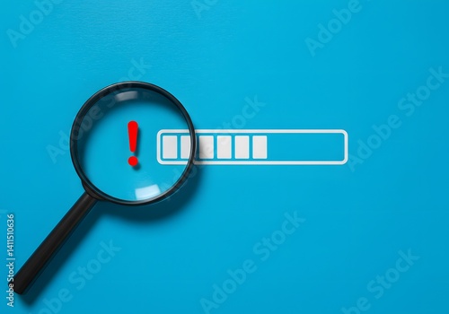 Obraz na płótnie Identifying malfunctions, stopping critical problems in processes. Magnifying glass with warning sign on progress bar, Find problem stop or malfunction. Detecting issues, troubleshooting errors. w salonie