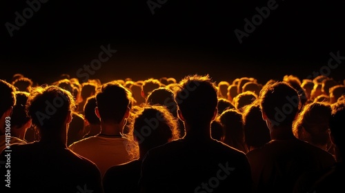 Crowded concert venue, onlookers silhouetted, golden light illuminating the stage
