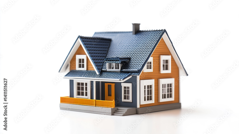 charming model house with blue roof and orange accents on white background charming model house with blue roof and orange accents on white background