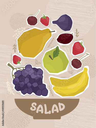 Vector illustration showing various colorful fruits including grapes, lemons, bananas and strawberries falling into a bowl with the inscription SALAD. Stylized design is perfect for food and health re