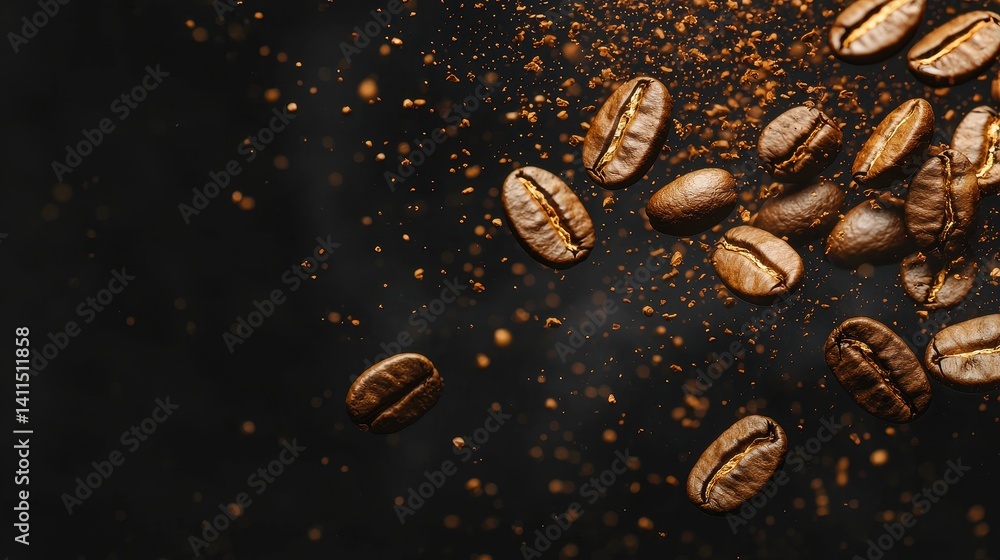 Freshly Roasted Coffee Beans Falling on Dark Background with Sparkling Ground Coffee Dust Freshly Roasted Coffee Beans Falling on Dark Background with Sparkling Ground Coffee Dust