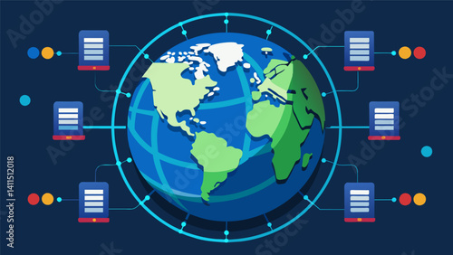 A virtual globe depicting the intricate network of undersea cables and data centers that facilitate global telecommunications.. Vector illustration