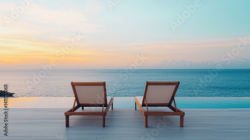 Serene Seaside View with Wooden Loungers at Sunset Over Calm Ocean Horizon and Clear Sky