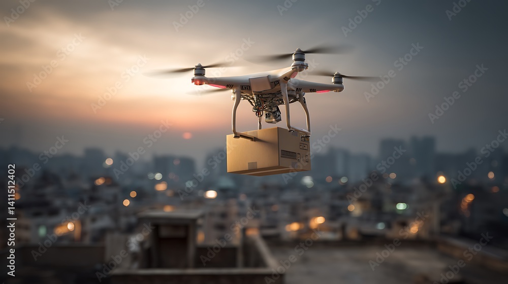 Drone Delivery Service Aerial Package Transport over City at Sunset Drone Delivery Service Aerial Package Transport over City at Sunset