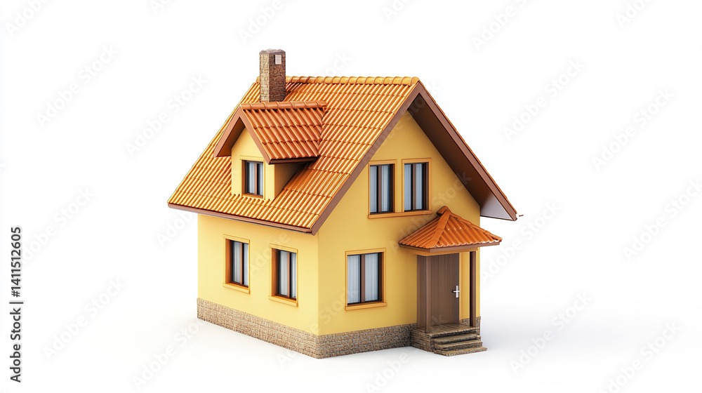 Small yellow house with red roof on white background Small yellow house with red roof on white background