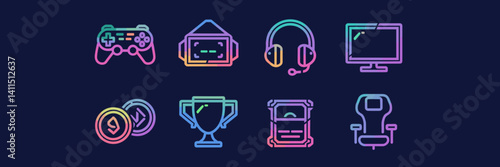 Gaming and eSports icons in neon flat style – Ideal for game streaming, online gaming platforms, or gaming accessories branding.