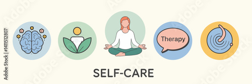 Flat vector illustration of self-care mental health icons – Perfect for wellness campaigns, self-care blogs, or therapy-related content.
