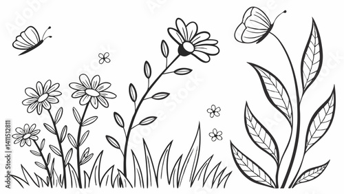 Elegant floral line art print featuring blooming daisies butterflies and lush foliage in a