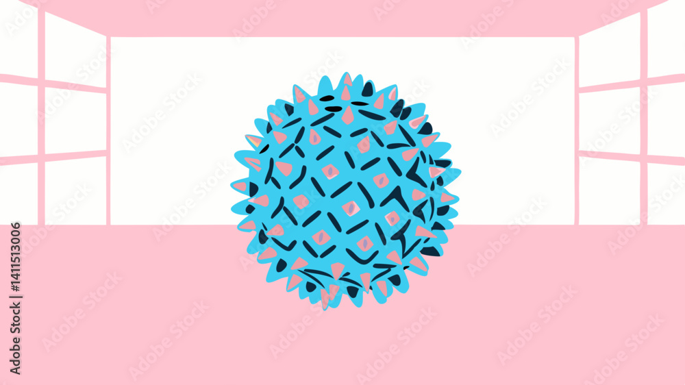 Fototapeta premium Stylish blue spiky ball art design in minimalist pink room setting with clean lines and bold colors