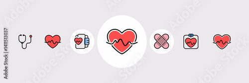 Minimalist medical and healthcare icon set featuring a stylized heart – Ideal for medical app UIs or health-related platforms.