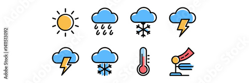 Minimal flat style weather and climate forecast icons set – Ideal for mobile widgets, weather apps, or climate-related content.