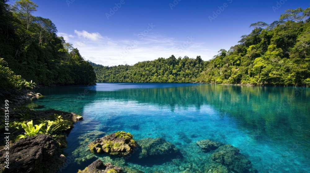 Obraz premium Tropical lagoon, crystal clear water, lush rainforest, serene view