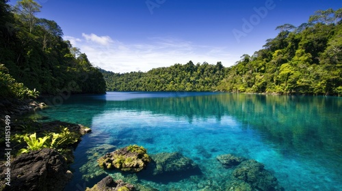 Wallpaper Mural Tropical lagoon, crystal clear water, lush rainforest, serene view Torontodigital.ca