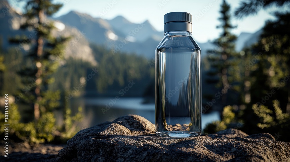Obraz premium Clear water bottle on rock overlooking lake in mountains