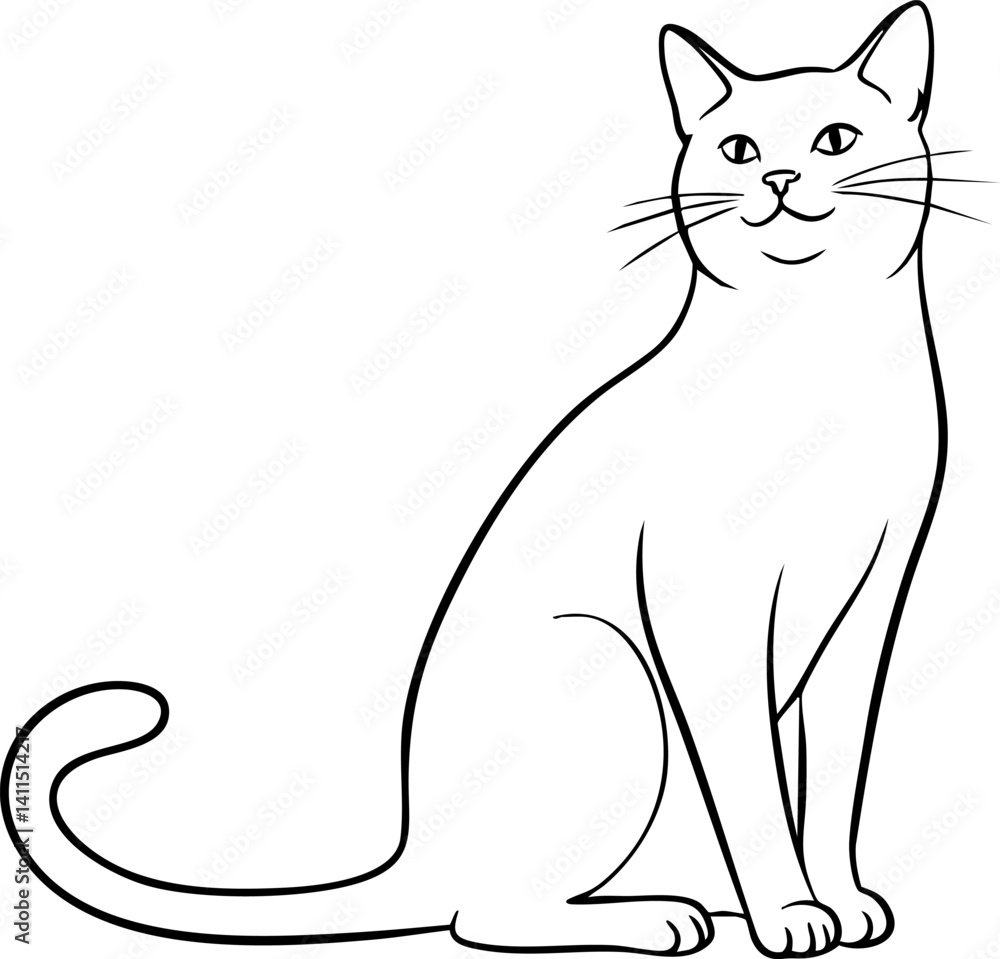 Obraz premium Sitting Cat Line Art Illustration Minimalist Black and White Drawing