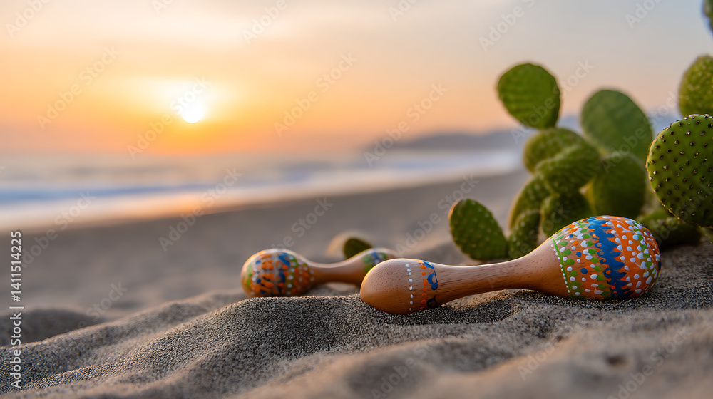 Obraz premium Romantic Sunset Over Mexican Seashore Featuring Musical Instruments on Sandy Beach with Cactus Close-Up