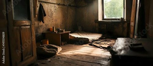 Abandoned, dusty room with a simple bed