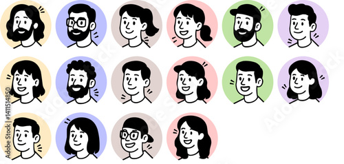 Minimal Line Outline style art Avatar Icon Collection – Male and Female User Profile Images for Mobile UI pastel color cute group of people vector illustration
