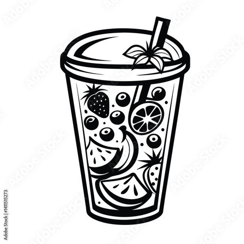 Black and White Fruit Infusion Cup with Straw, Strawberry, Banana, Orange, Mint Icon