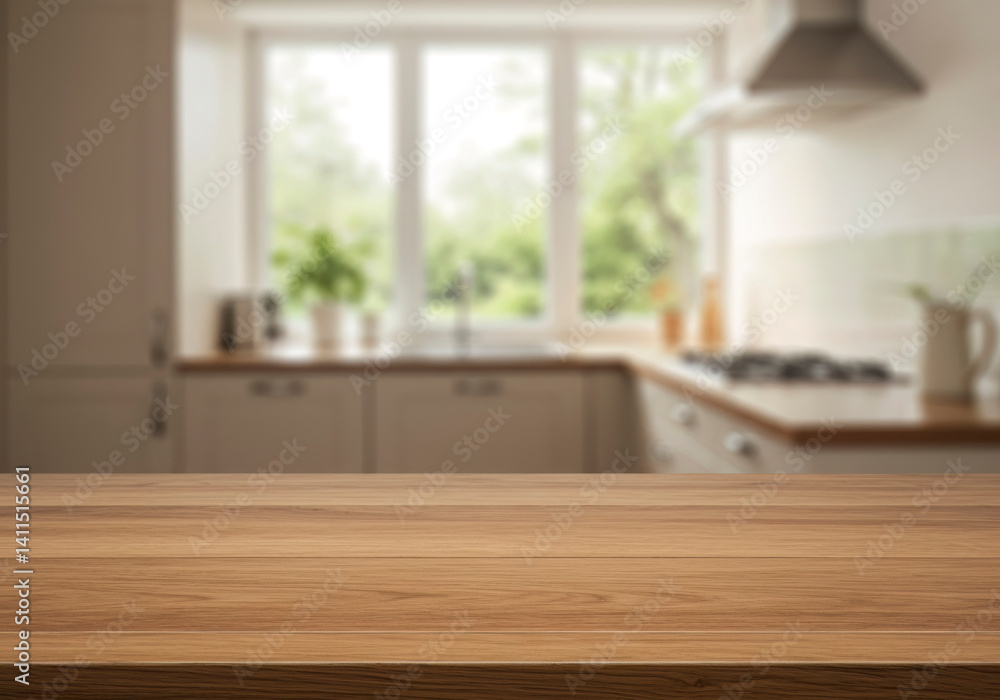 Empty Wooden Tabletop in Blurred Modern Kitchen with Bright Window, Ideal for Product Placement or Food Photography Empty Wooden Tabletop in Blurred Modern Kitchen with Bright Window, Ideal for Product Placement or Food Photography