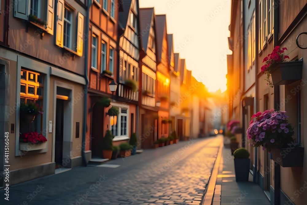 Obraz premium Charming Cobblestone Street at Sunset with Colorful Buildings