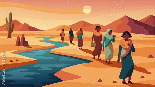 In the distance a group of weary travelers trudged towards the watering hole their parched lips and tired bodies reflecting the ongoing battle for water in the unforgiving desert.. Vector illustration