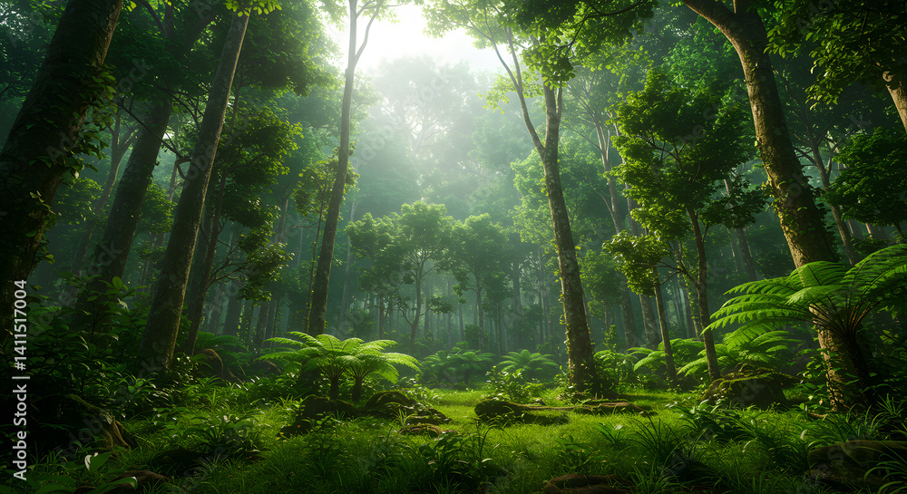 Fototapeta premium Lush Green Forest with Sunlight Streaming Through the Trees