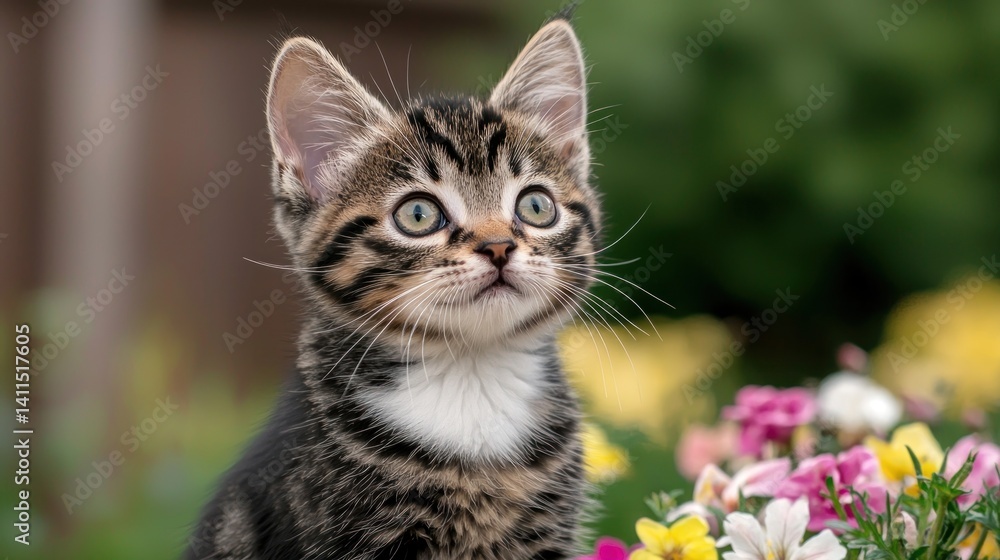Curious kitten in garden, looking up at flowers. Possible use pet adoption, animal welfare Curious kitten in garden, looking up at flowers. Possible use pet adoption, animal welfare