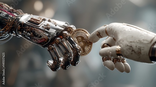 Robotic and Human Hands Exchange a Bitcoin Cryptocurrency Digital Coin Future Technology and Finance Concept