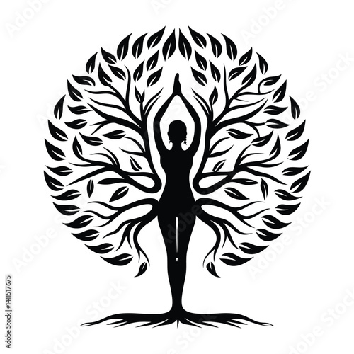 Silhouette Woman with Raised Arms, Tree of Life Metaphor, Roots, Branches, Leaves