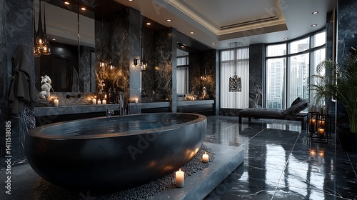 Luxurious Dark Marble Bathroom Interior Design with Freestanding Tub and City View