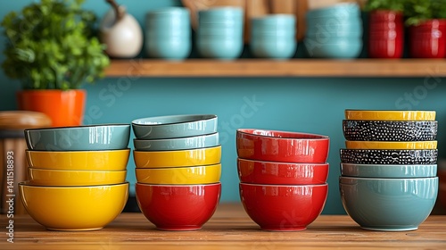 Colorful Vintage Bowls on Wooden Table