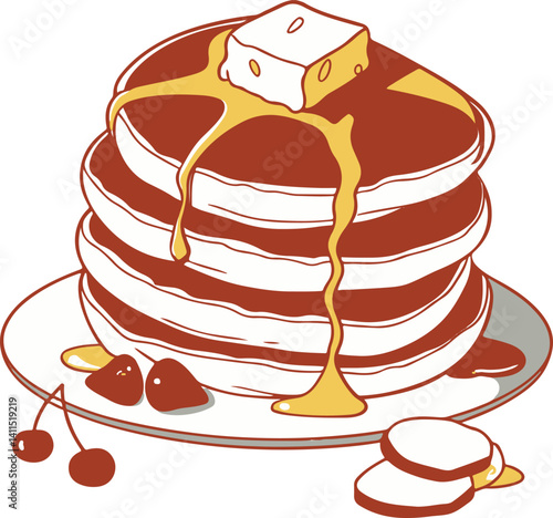 Cartoon Stack of Pancakes with Syrup, Butter, and Berries – Tasty Breakfast Illustration