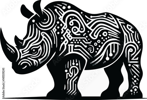 Black and white illustration, rhinoceros silhouette, intricate tribal patterns, swirling lines, organic shapes, zentangle style, detailed artwork, symmetrical design, contrast, wildlife art, African i