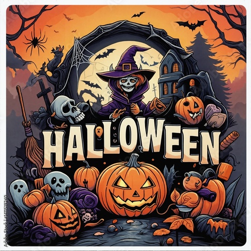Obraz na płótnie Kartki na święto halloween. Kolorowe czasami śmieszne i straszne jednocześnie. w salonie