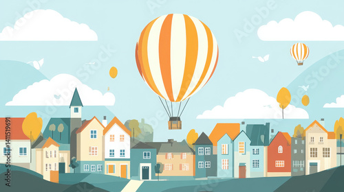 A whimsical illustration of a town with colorful houses and hot air balloons in the sky.