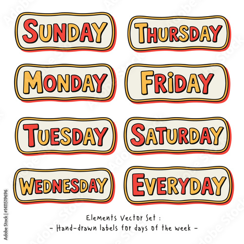 Hand-drawn labels for days of the week plus “Everyday” in a playful cartoon style. Perfect for planners, bullet journals, or calendar-themed designs.