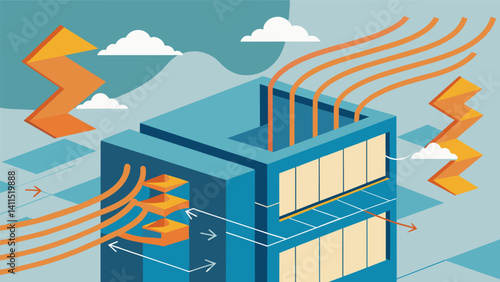 A visual representation of air flow patterns within a building generated through precise data simulations.. Vector illustration