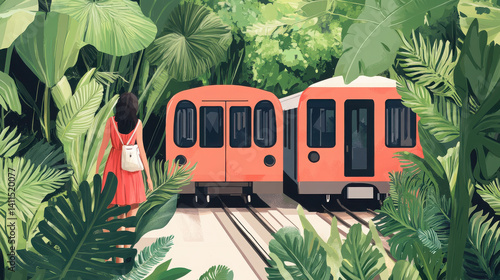 A woman in a red dress stands near a train surrounded by lush greenery.