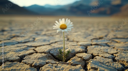 A small white flower is growing in the middle of a rocky desert