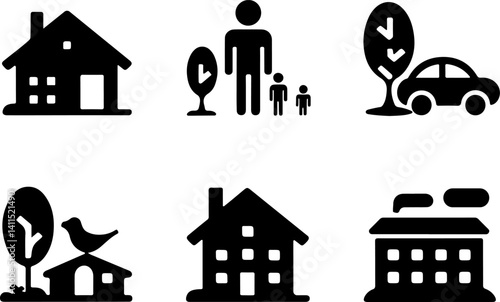 This set features various house icons, symbols of home, property, and residential buildings, ideal for real estate and architectural design illustrations