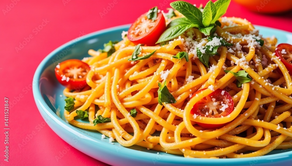Delicious Spaghetti With Cherry Tomatoes And Basil On Blue Plate Delicious Spaghetti With Cherry Tomatoes And Basil On Blue Plate