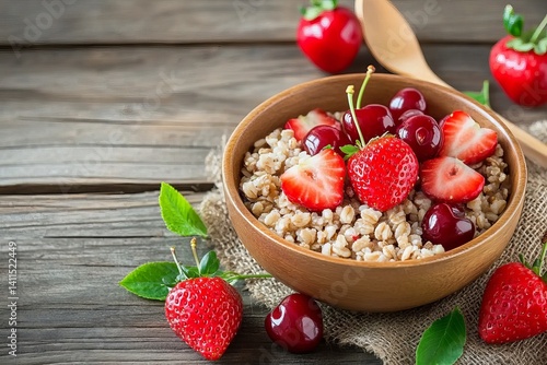 Bowls of brown rice with strawberries and cherries on a wooden background, close-up. A fresh, healthy breakfast or lunch food concept.  strawberries and blueberries
